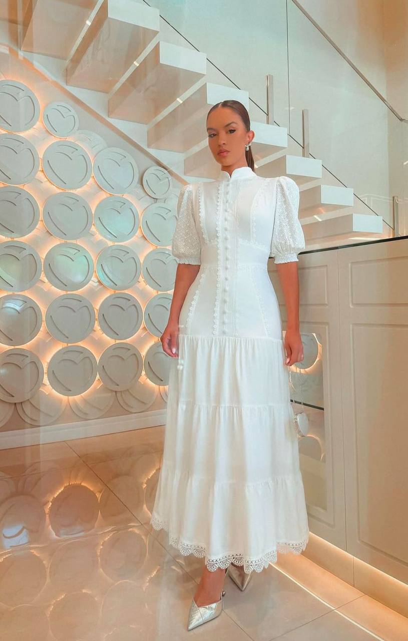 New Imperial White Elegance Maxi Dress – High Neck Lace Detail Dress