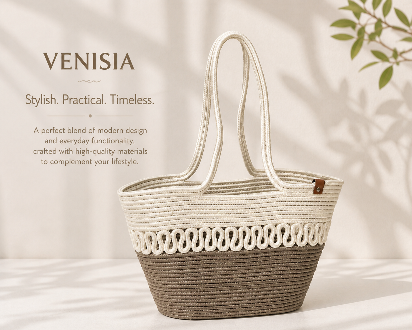 Vienca Two-Tone Woven Tote Bag – Elegant Spacious Everyday Handbag