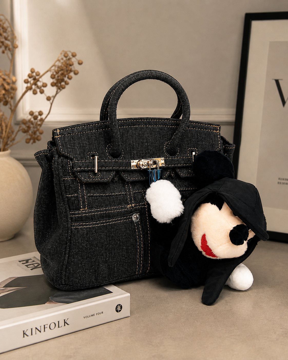 Vienca Black Denim Luxury Handbag – Elegant Structured Everyday Tote