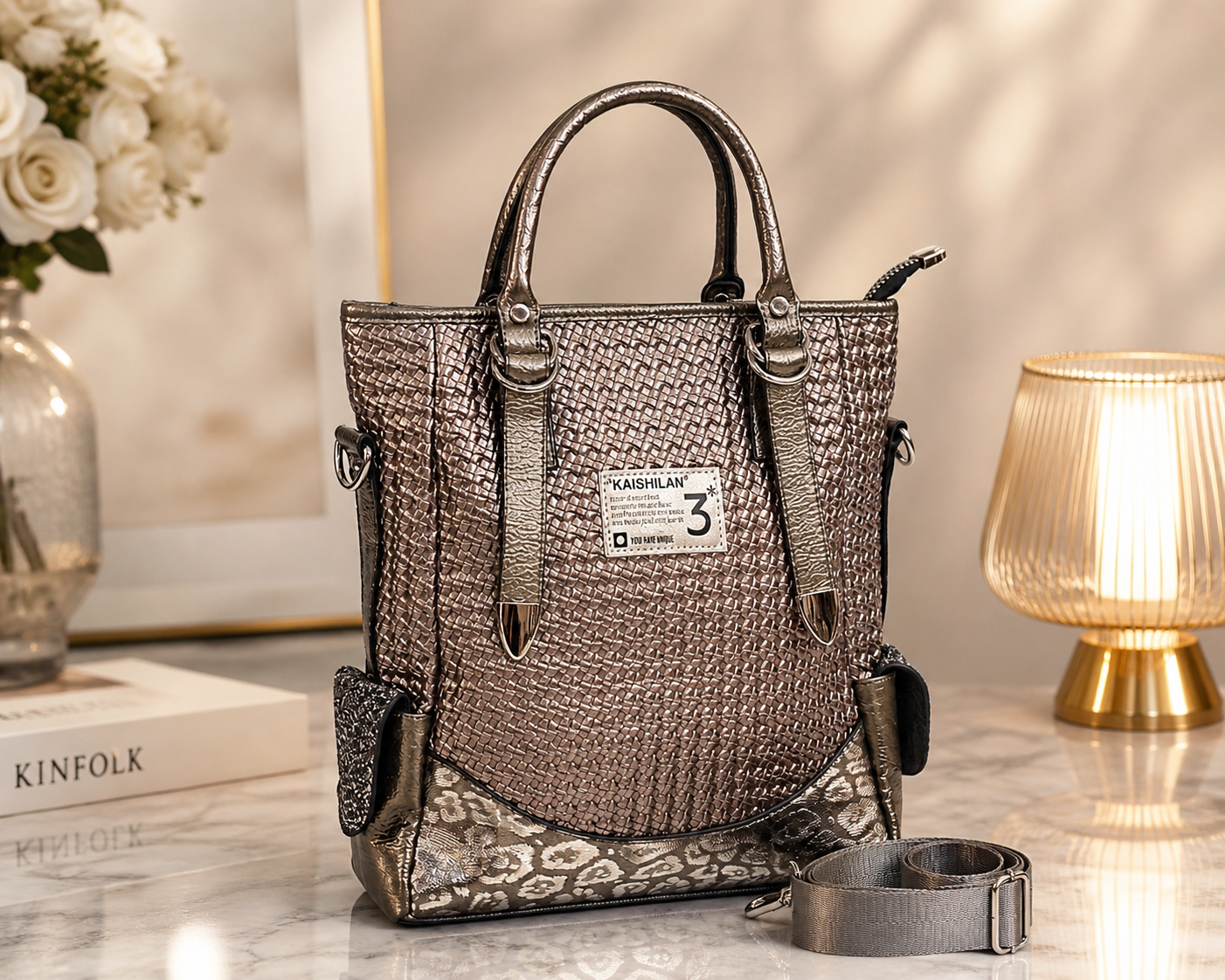 Vienca Woven Straw Luxury Shoulder Bag – Elegant Brown Vegan Leather Summer Design