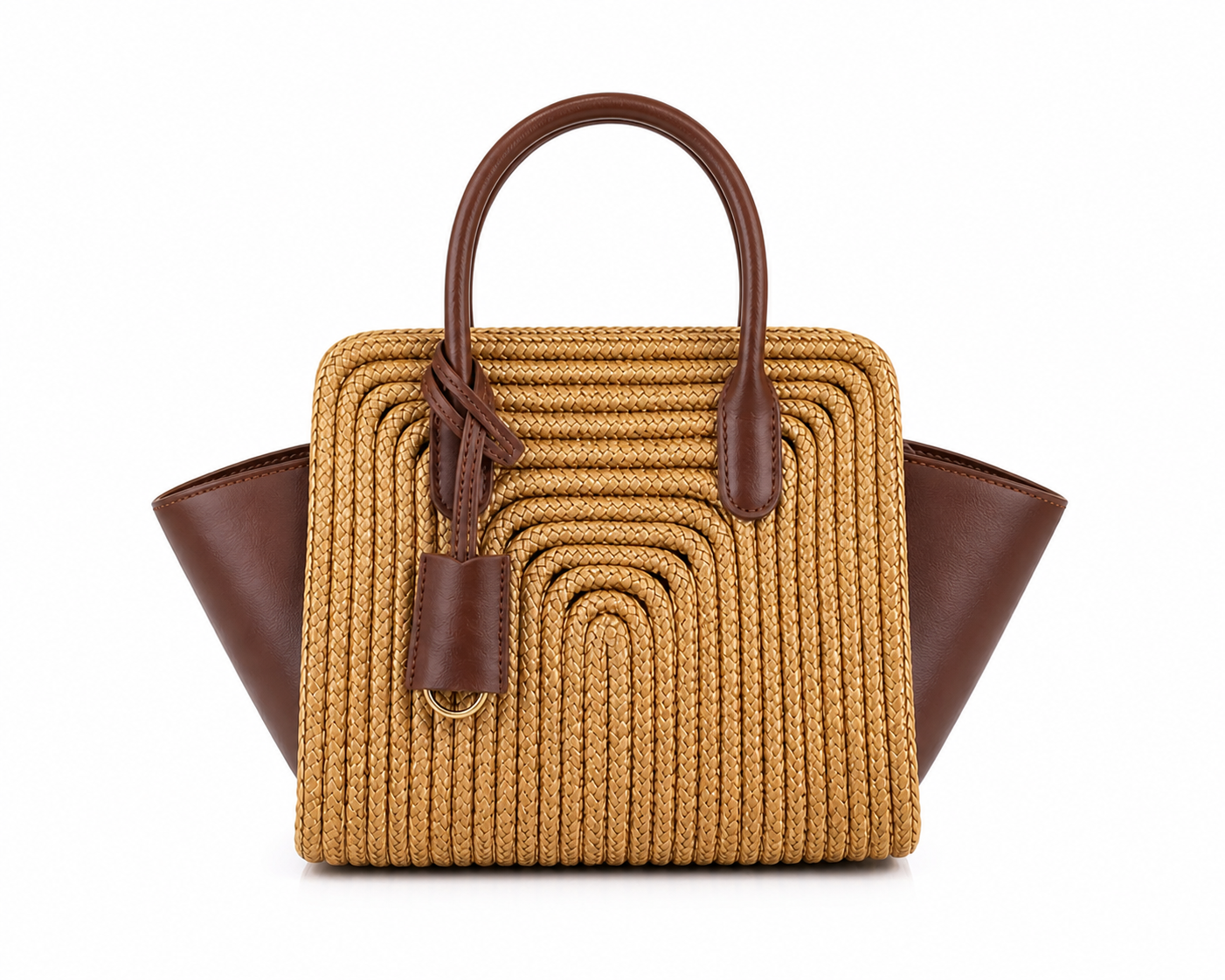 Vienca Woven Straw Luxury Tote Bag – Elegant Brown Leather Summer Handbag