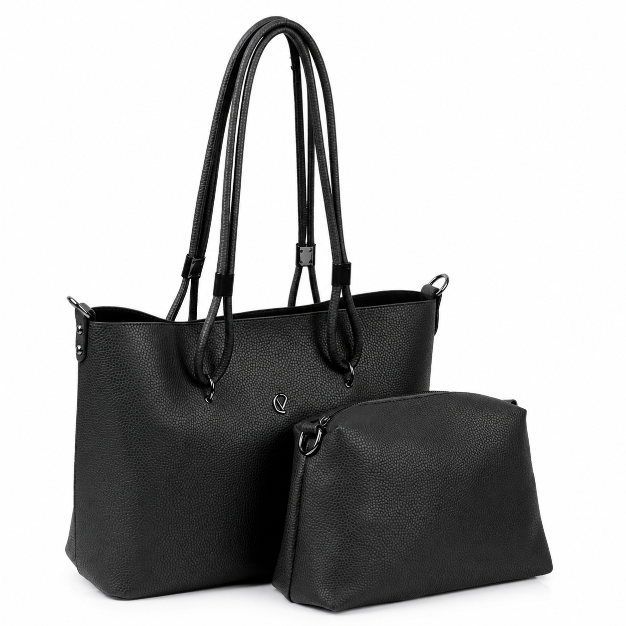 Vienca Black Vegan Leather Handbag Set – Elegant Everyday Shoulder Bag with Matching Pouch