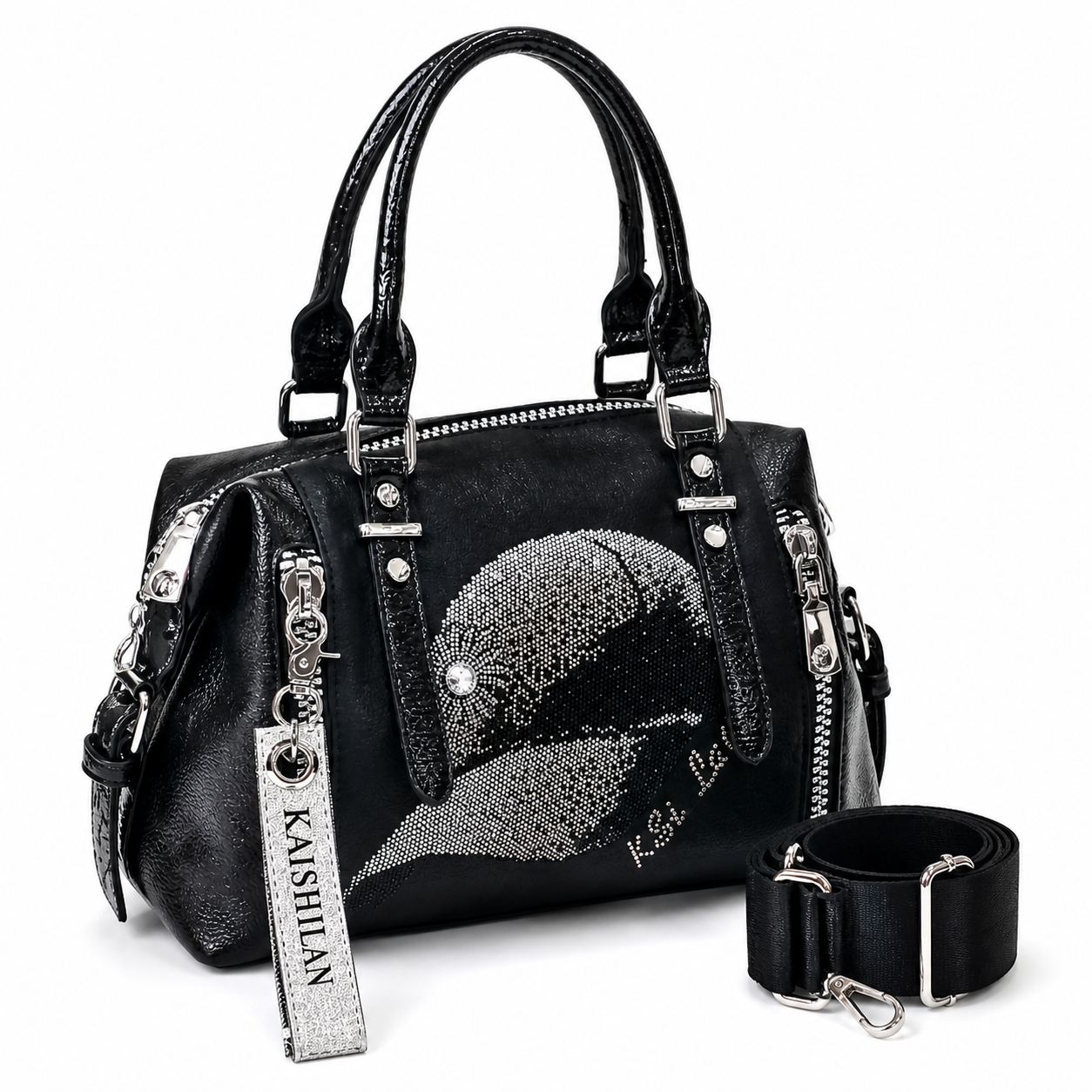 Vienca Black Crystal Accent Luxury Handbag – Elegant Statement Shoulder Bag