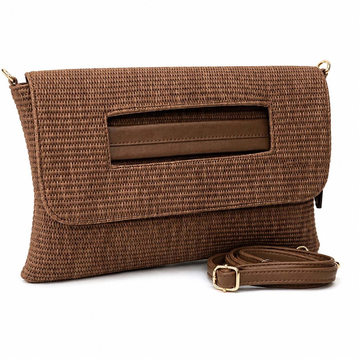 Vienca Brown Woven Crossbody Clutch Bag – Elegant Minimalist Evening Handbag