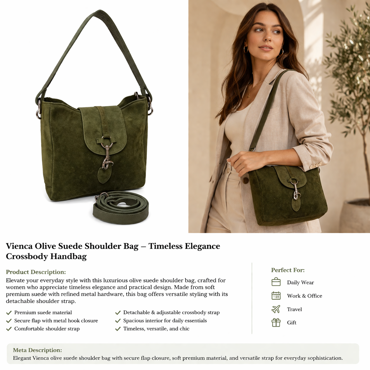 Vienca Olive Luxury Shoulder Bag – Timeless Elegance Crossbody Handbag