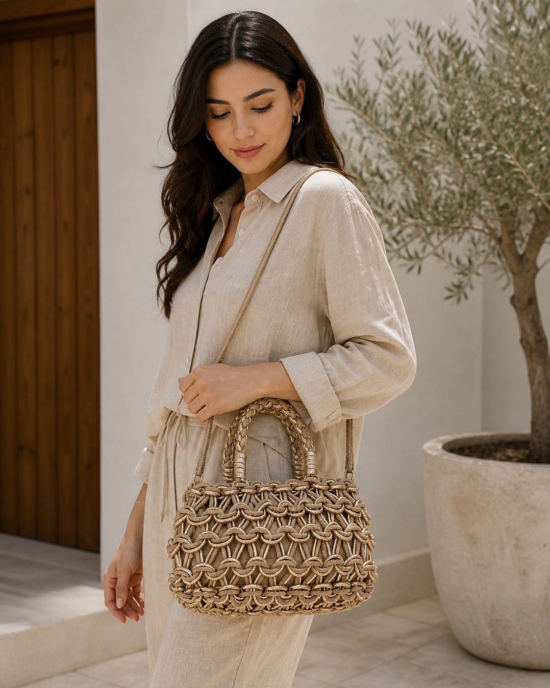 Vienca Beige Woven Luxury Handbag – Elegant Boho Crossbody Bag