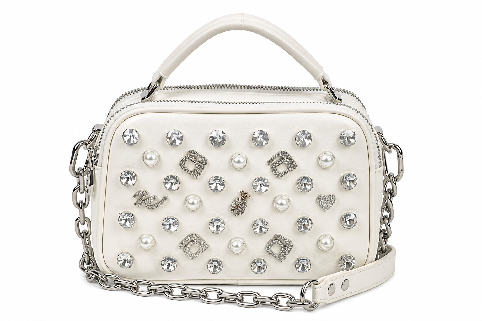 Vienca Ivory Crystal Pearl Luxury Crossbody – Elegant Designer Glam Handbag