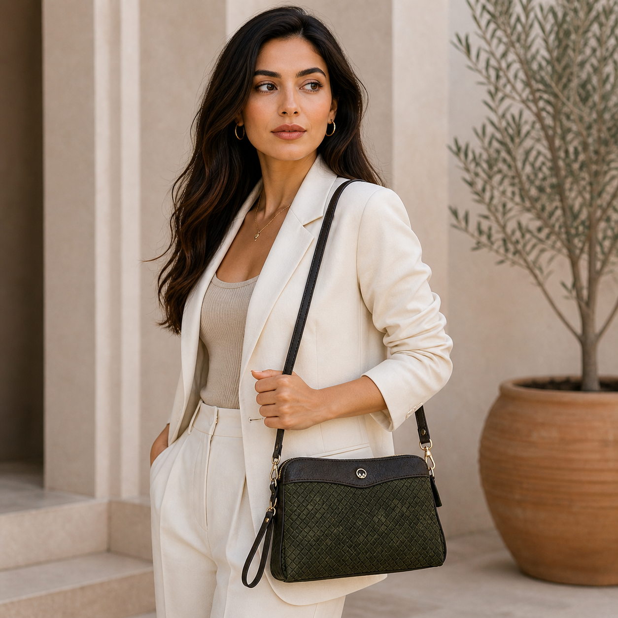 Vienca Olive Woven Luxe Crossbody Bag – Elegant Everyday Designer Handbag