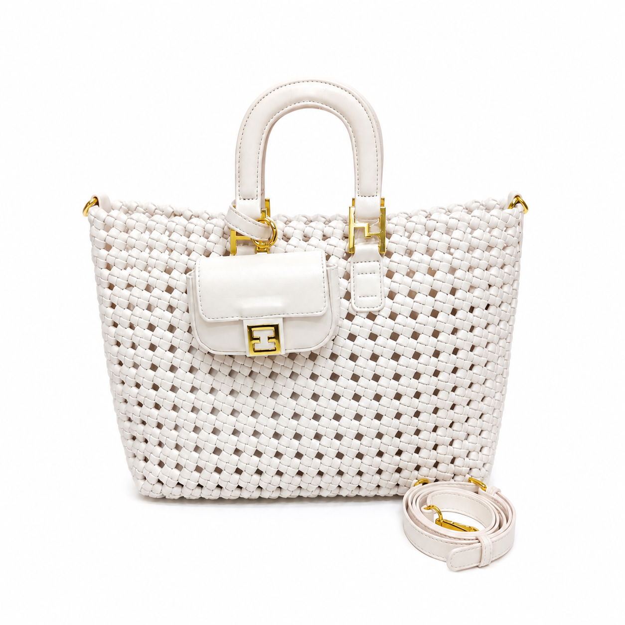 Vienca Ivory Woven Luxe Tote – Elegant Designer Statement Handbag