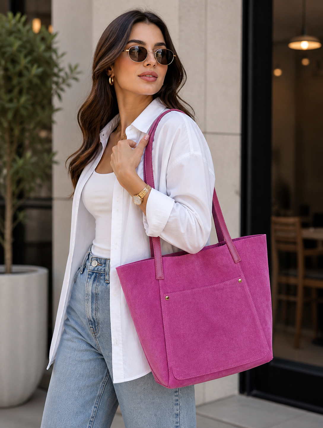 Vienca Fuchsia Suede Everyday Tote – Bold Turkish Chic Shoulder Bag