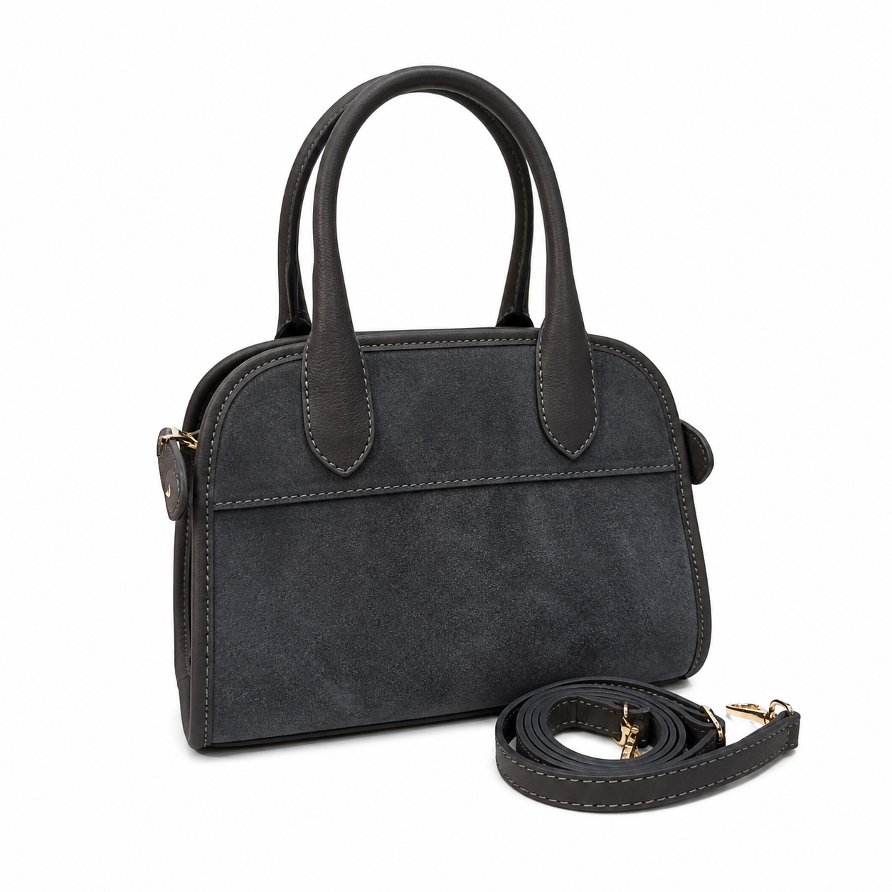 Vienca Charcoal Suede Mini Boston Bag – Elegant Turkish Structured Handbag