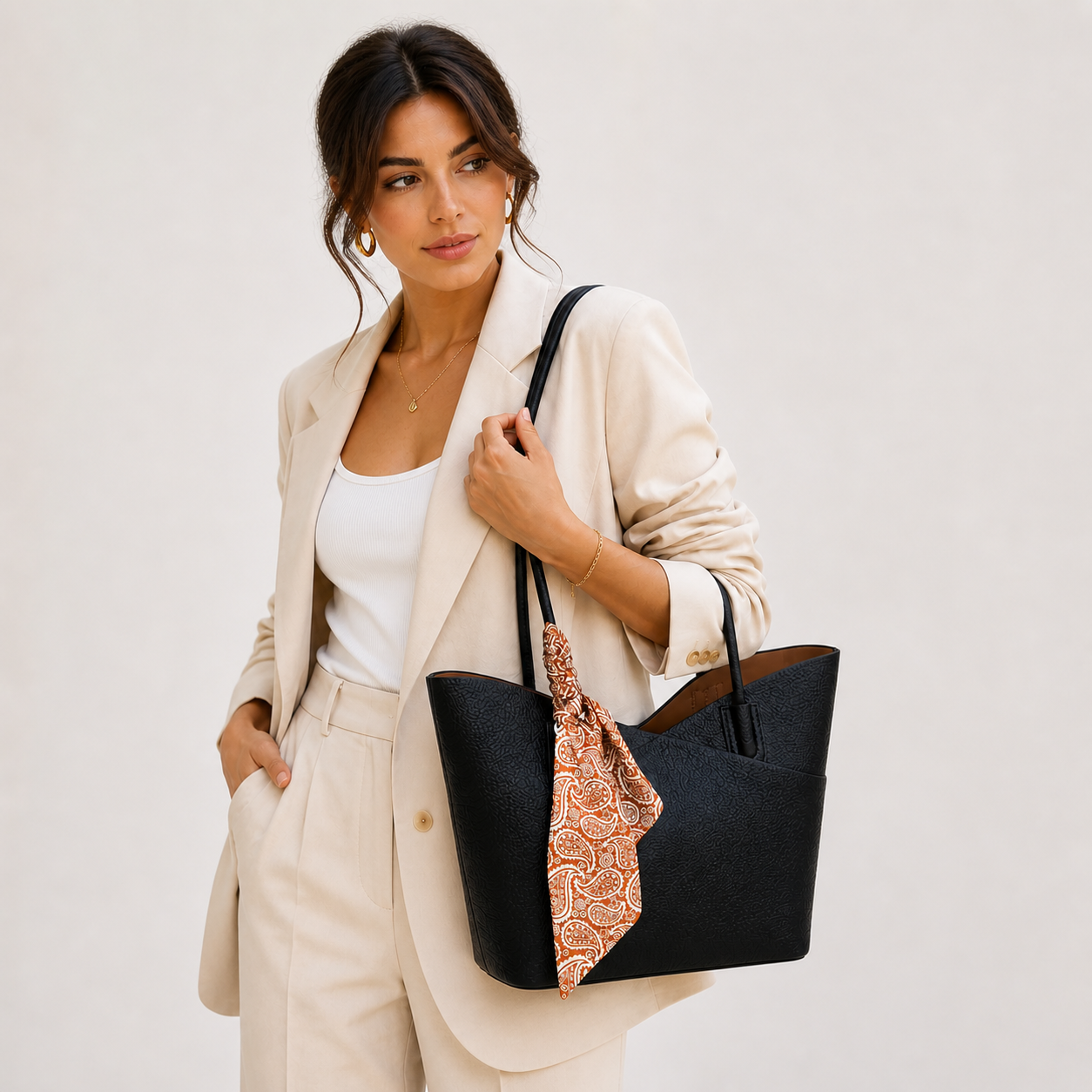 Vienca Noir Luxe Tote with Signature Scarf – Elegant Turkish Designer Shoulder Bag