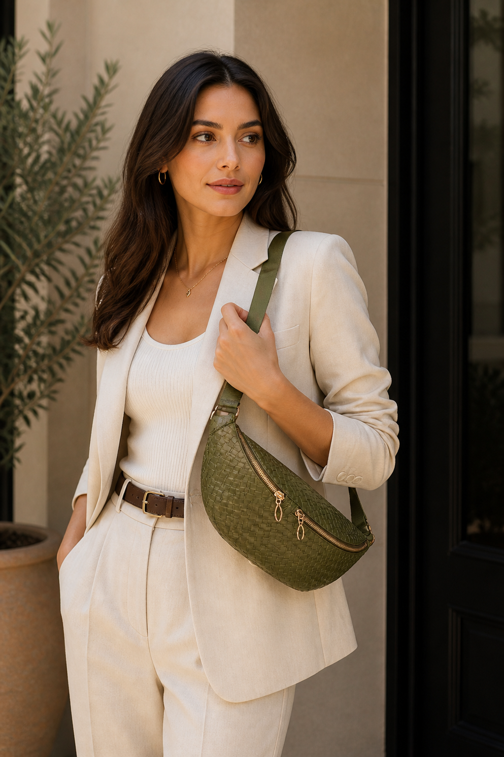 Vienca Olive Woven Luxe Belt Bag – Elegant Turkish Designer Crossbody Sling