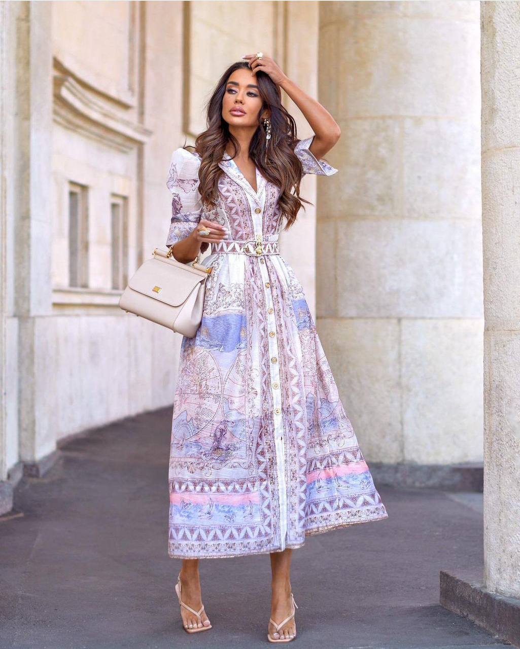 New Imperial Luxe Printed Summer Midi Dress – Elegant Button-Down Belted Dress