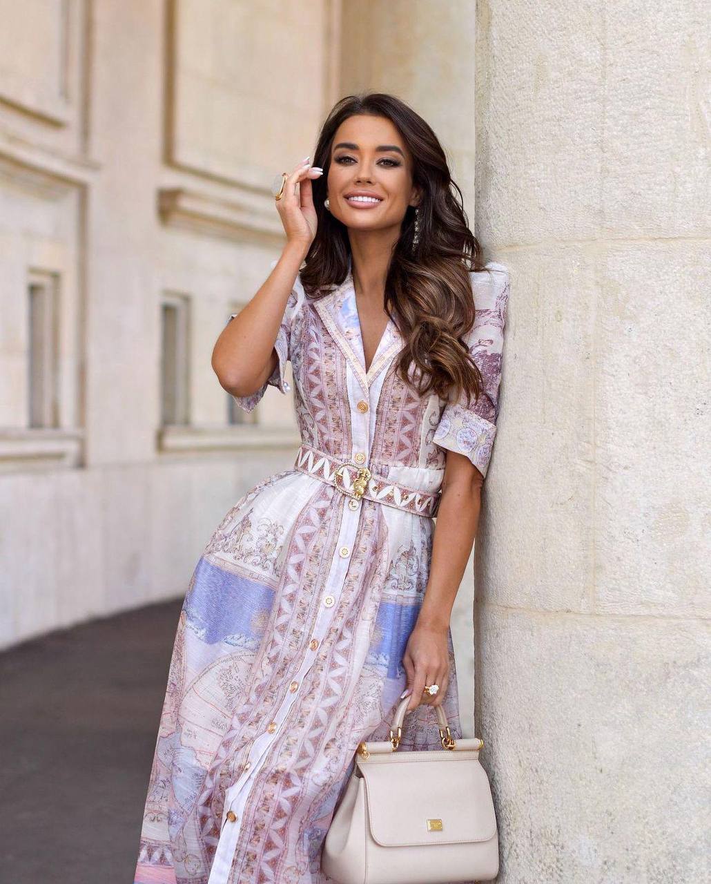 New Imperial Luxe Printed Summer Midi Dress – Elegant Button-Down Belted Dress