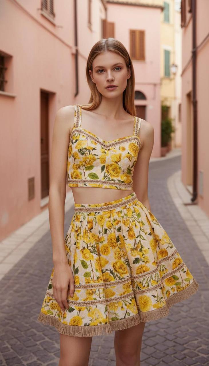 New Imperial Floral Two-Piece Set – Elegant Crop Top & Flowy Skirt