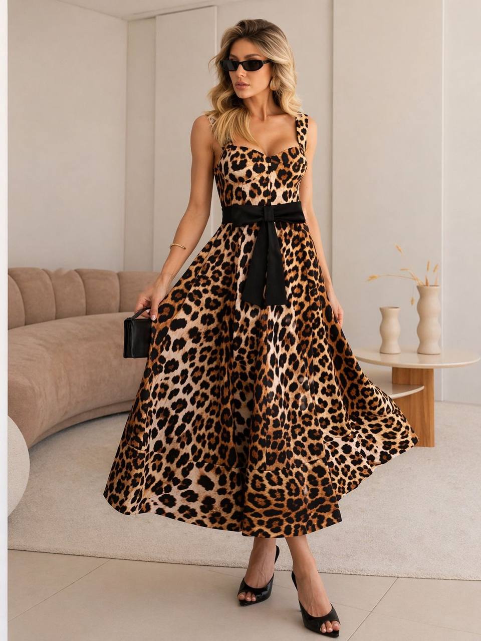 New Imperial Leopard Print Midi Dress – Elegant Belted Statement Dress