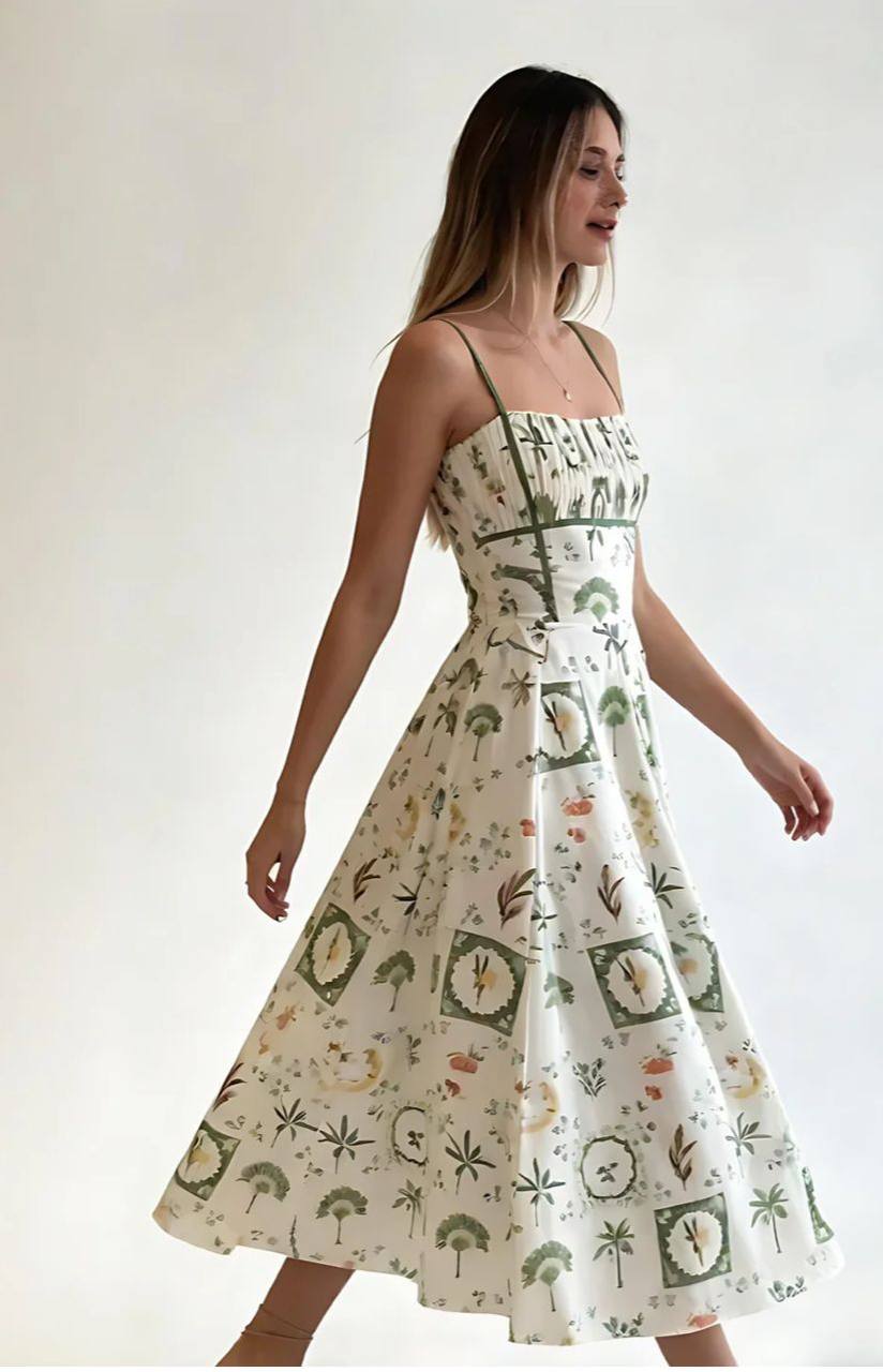 New Imperial Botanical Print Midi Dress – Elegant Strappy Summer Dress