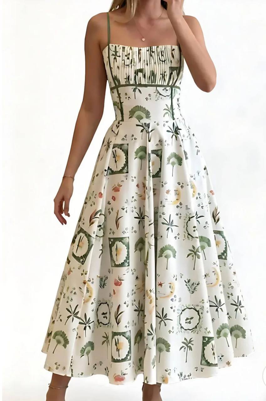 New Imperial Botanical Print Midi Dress – Elegant Strappy Summer Dress