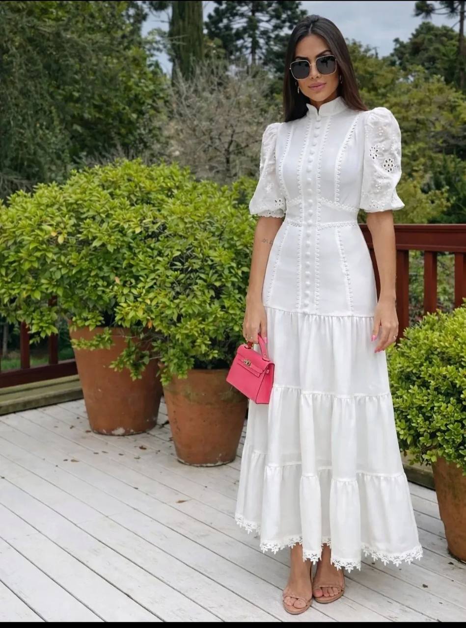 New Imperial White Elegance Maxi Dress – High Neck Lace Detail Dress