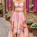 New Imperial Sunset Print Maxi Dress – Elegant Belted Summer Dres