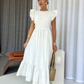 Dream Fashion White Eyelet Midi Dress – Elegant Ruffle Sleeve Summer Dress