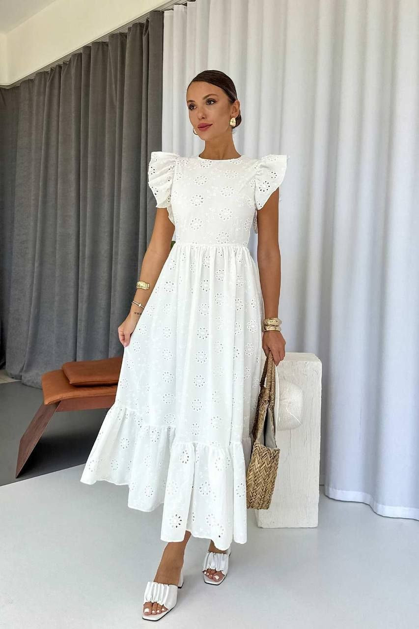 Dream Fashion White Eyelet Midi Dress – Elegant Ruffle Sleeve Summer Dress