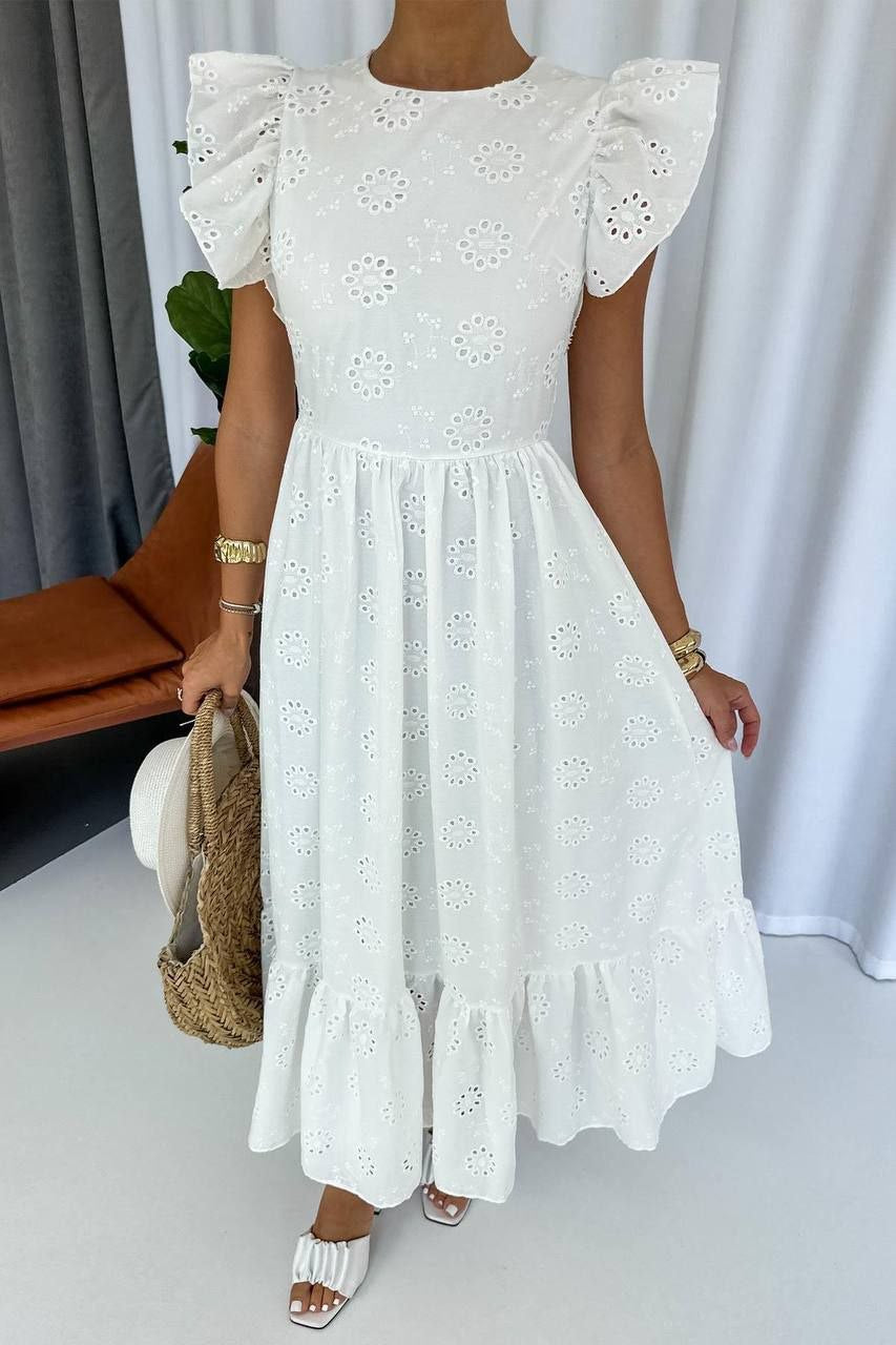 Dream Fashion White Eyelet Midi Dress – Elegant Ruffle Sleeve Summer Dress