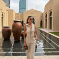 Dream Fashion Beige Linen Set – Sleeveless Tie Front Top and Wide Leg Pants Set