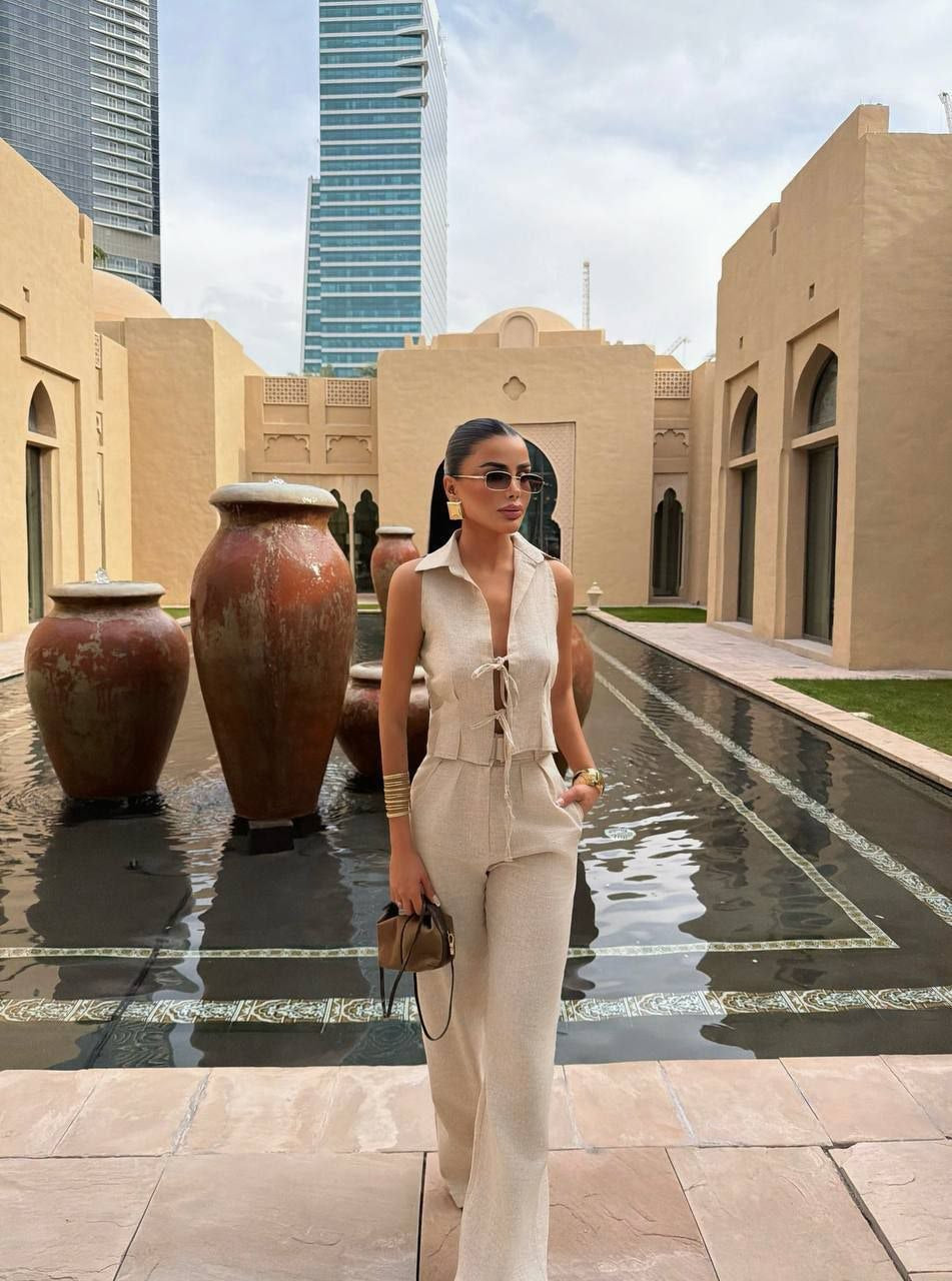 Dream Fashion Beige Linen Set – Sleeveless Tie Front Top and Wide Leg Pants Set
