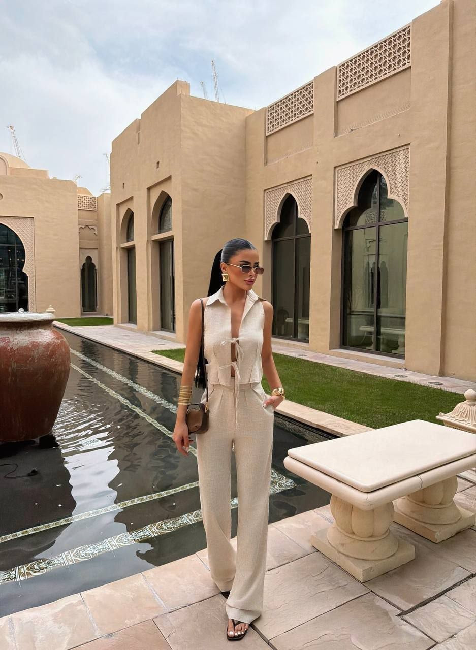Dream Fashion Beige Linen Set – Sleeveless Tie Front Top and Wide Leg Pants Set