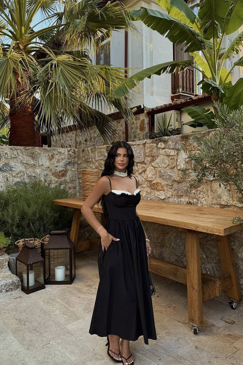 Dream Fashion Black Midi Dress – Elegant Contrast Trim Summer Dress