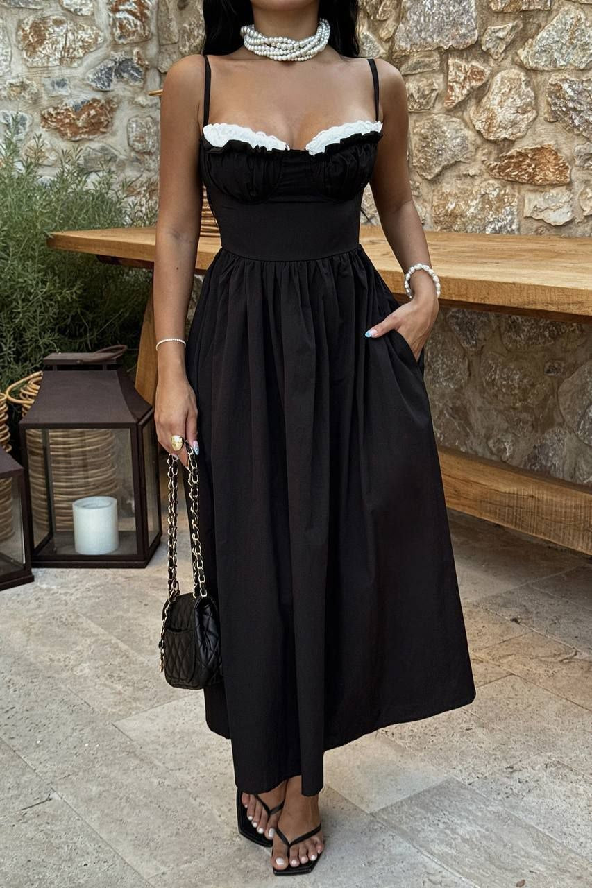 Dream Fashion Black Midi Dress – Elegant Contrast Trim Summer Dress