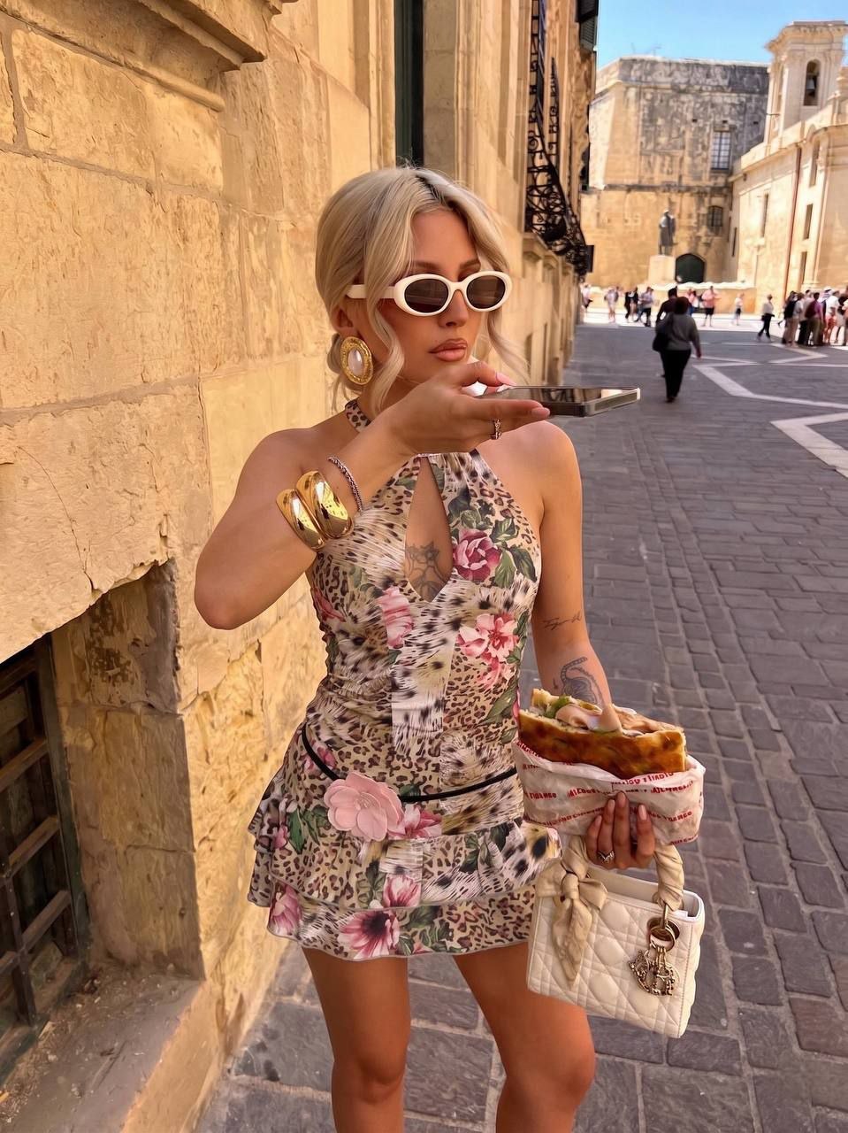 Dream Fashion Floral Leopard Mini Dress – Halter Neck Statement Dress