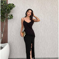 Dream Fashion Black Ruffle Side Slit Evening Dress