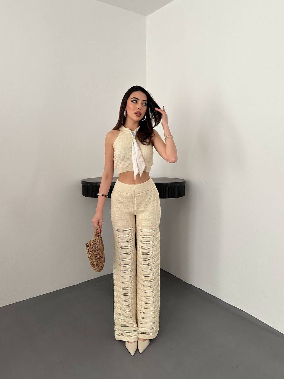 Dream Fashion Beige Knit Two Piece Summer Set