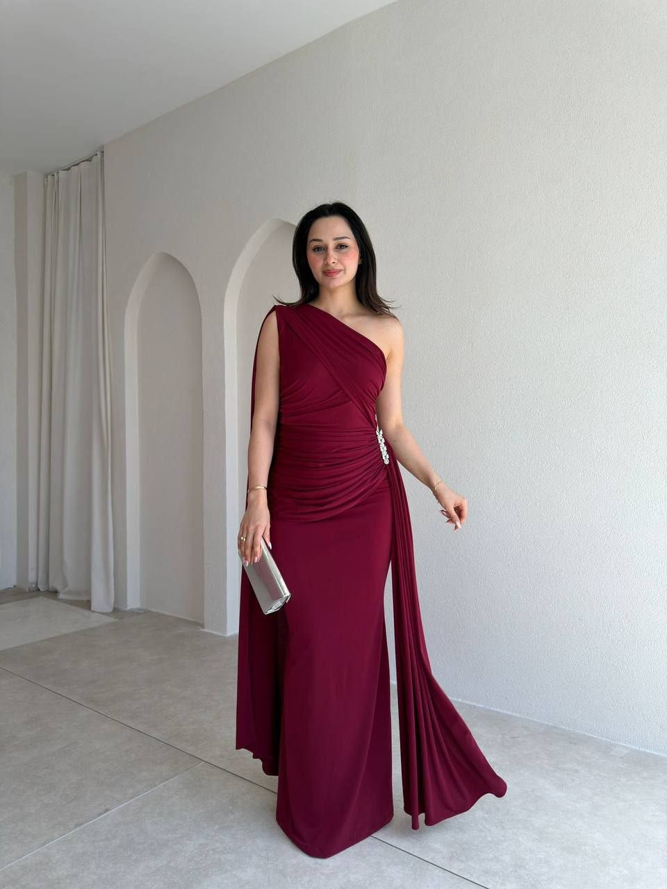 Scarlet One-Shoulder Evening Gown with Flowing Cape Detail