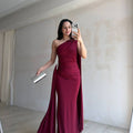 Scarlet One-Shoulder Evening Gown with Flowing Cape Detail