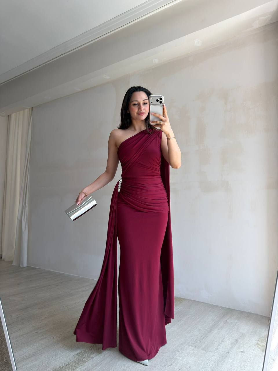 Scarlet One-Shoulder Evening Gown with Flowing Cape Detail