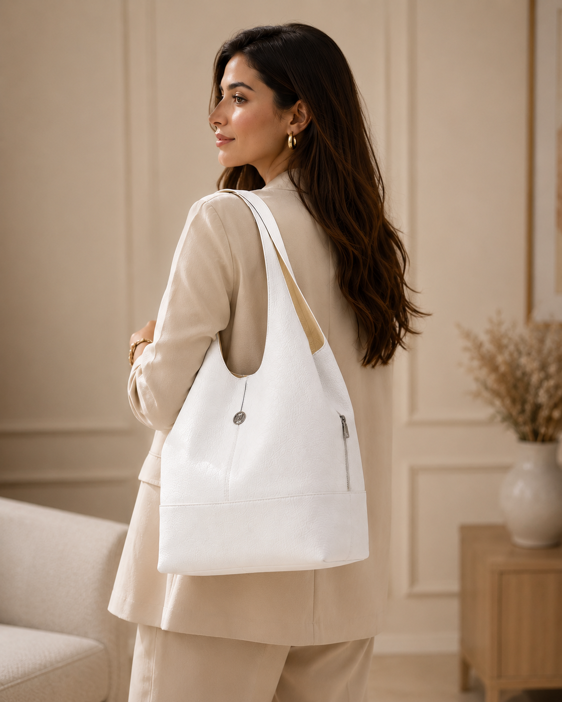 Elegant White Hobo Tote Bag – Large Capacity Everyday Shoulder Handbag