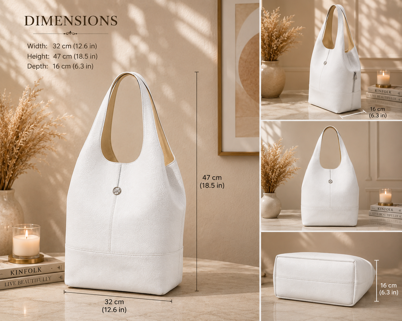 Elegant White Hobo Tote Bag – Large Capacity Everyday Shoulder Handbag