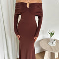 Mocha Elegance Off-Shoulder Maxi Dress – Luxury Long Sleeve Evening Gown