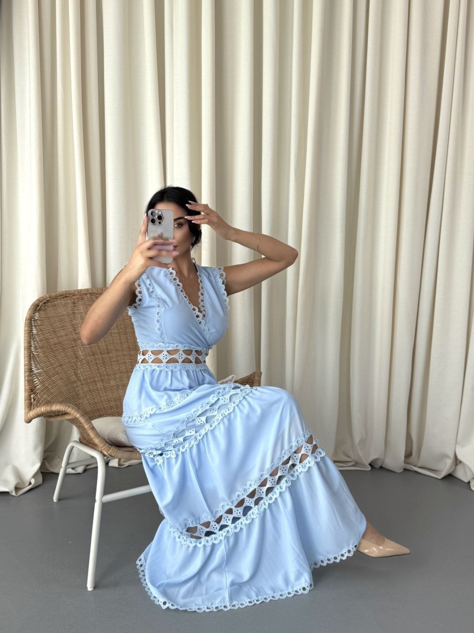 MSN Sky Blue Lace Maxi Dress – Luxury Turkish Feminine Elegance