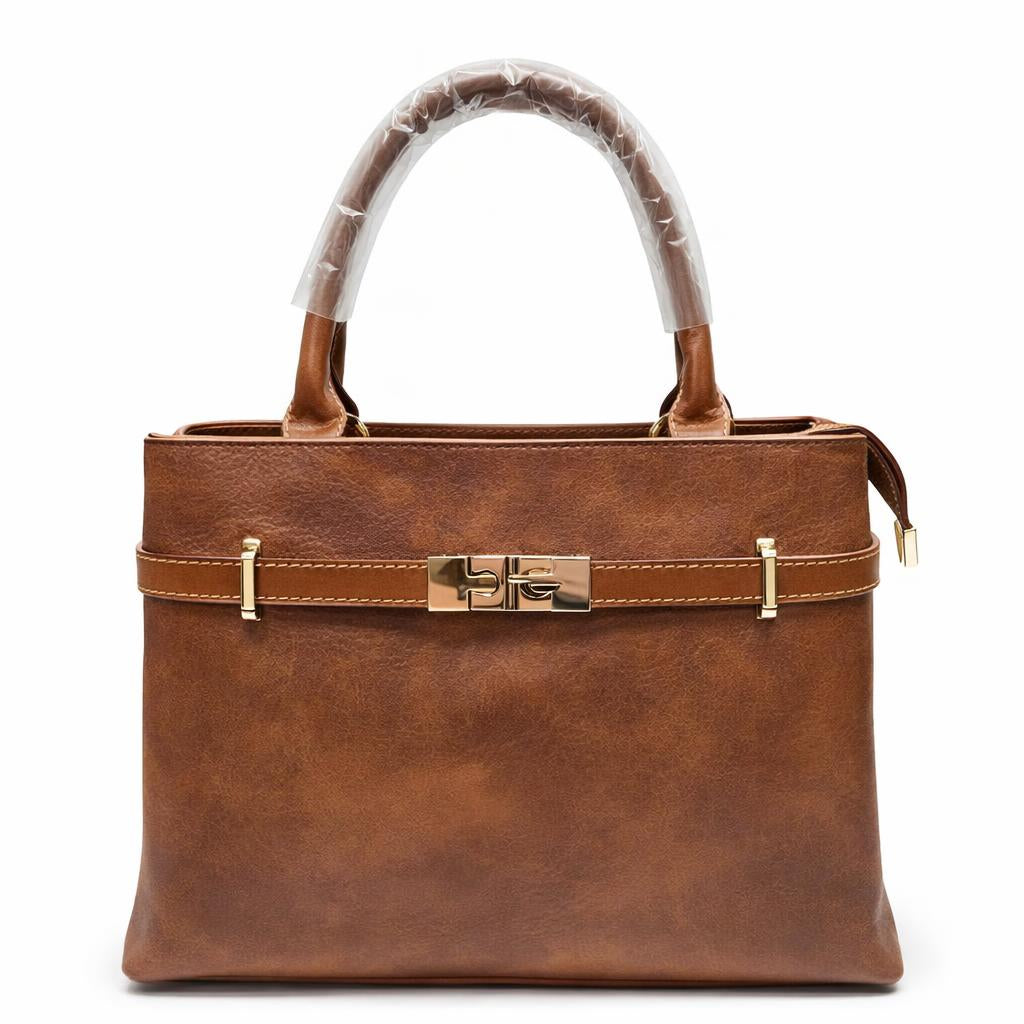 Molita Warm Brown Classic Handbag with Gold Lock Detail – Turkish Design