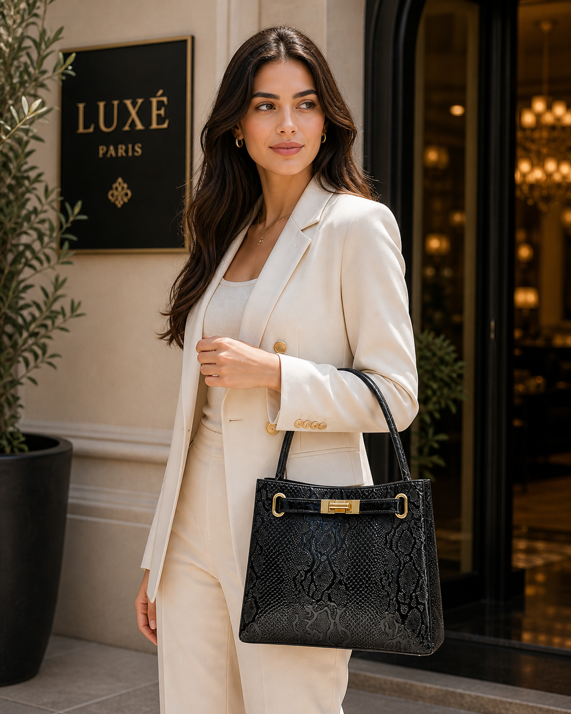 Molita Black Snake Pattern Glossy Handbag with Gold Lock Detail – Turkish Design