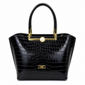 Elegant Black Croc-Embossed Handbag with Gold Frame & Pearl Lock Detail