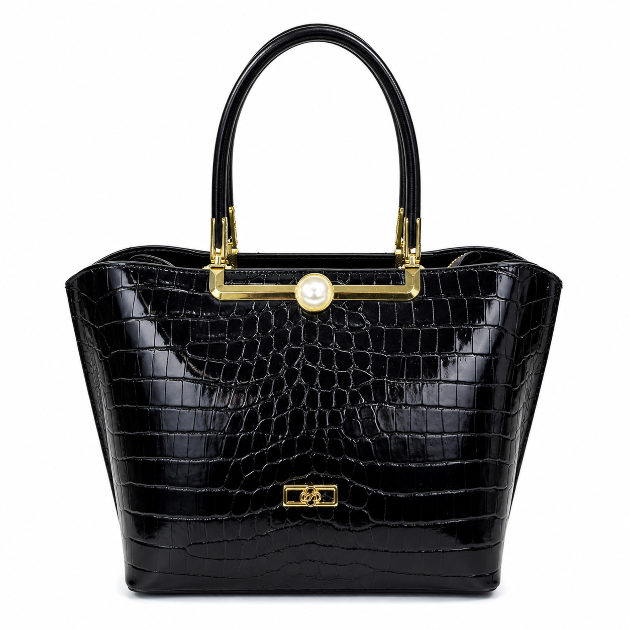 Elegant Black Croc-Embossed Handbag with Gold Frame & Pearl Lock Detail