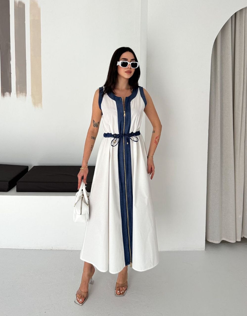 ASPRIN White & Denim Maxi Dress – Luxury Turkish Elegant Style