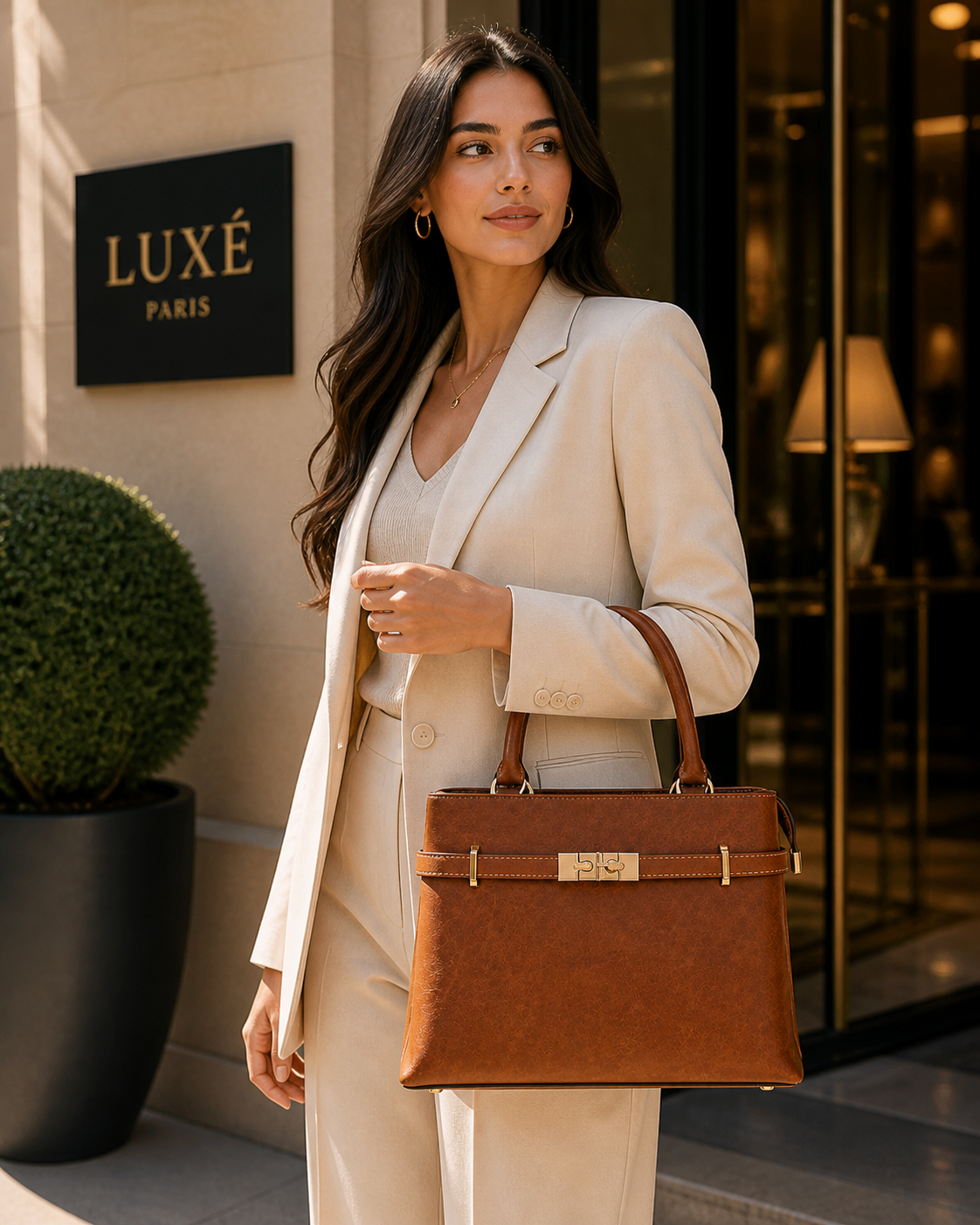 Molita Warm Brown Classic Handbag with Gold Lock Detail – Turkish Design