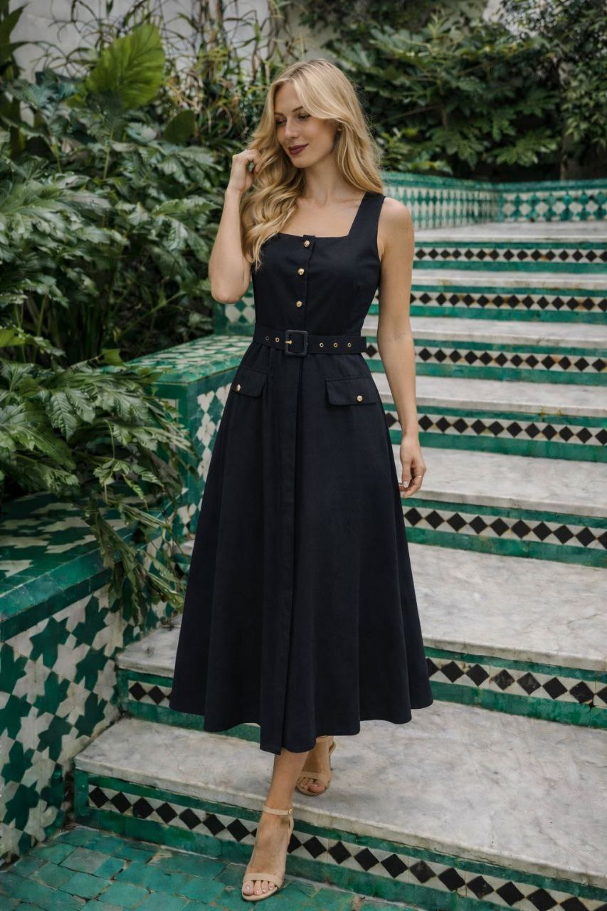 ASPRIN Noir Elegance Midi Dress – Luxury Turkish Black Belted Dress
